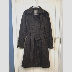 Vince Camuto Brown Tweed Wool Blend Double Breasted Belted Trench Coat Medium